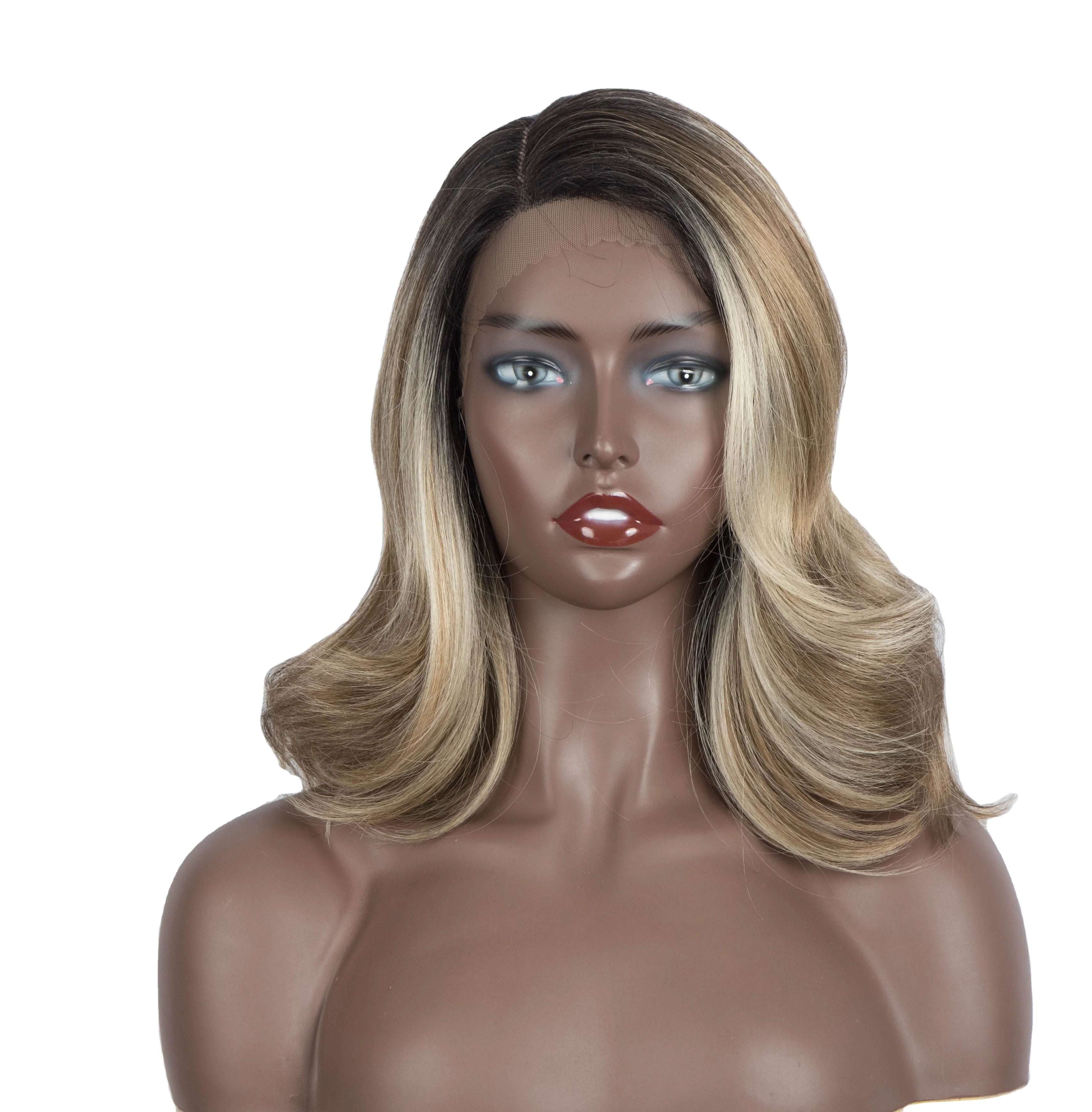 Sleek Wholesale Factory Supplier Heat Resistant Fiber Blonde Color Natural Super Body Wave Lace Front Wig Synthetic Hair Wigs