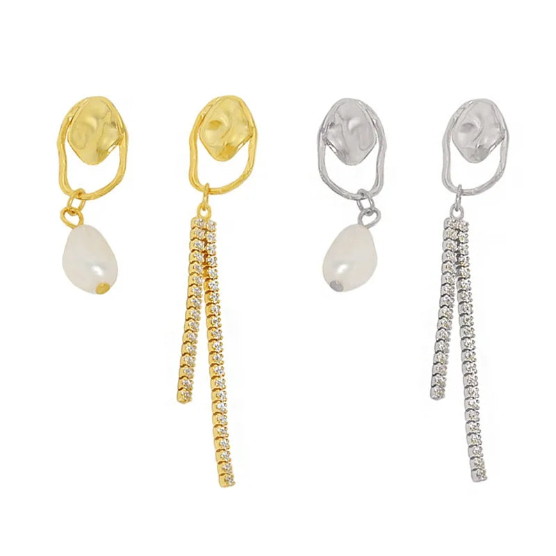 Wuqie Korean 925 Silver Asymmetrical Zircon Tassel Earring Baroque Freshwater Pearl Stud Earrings