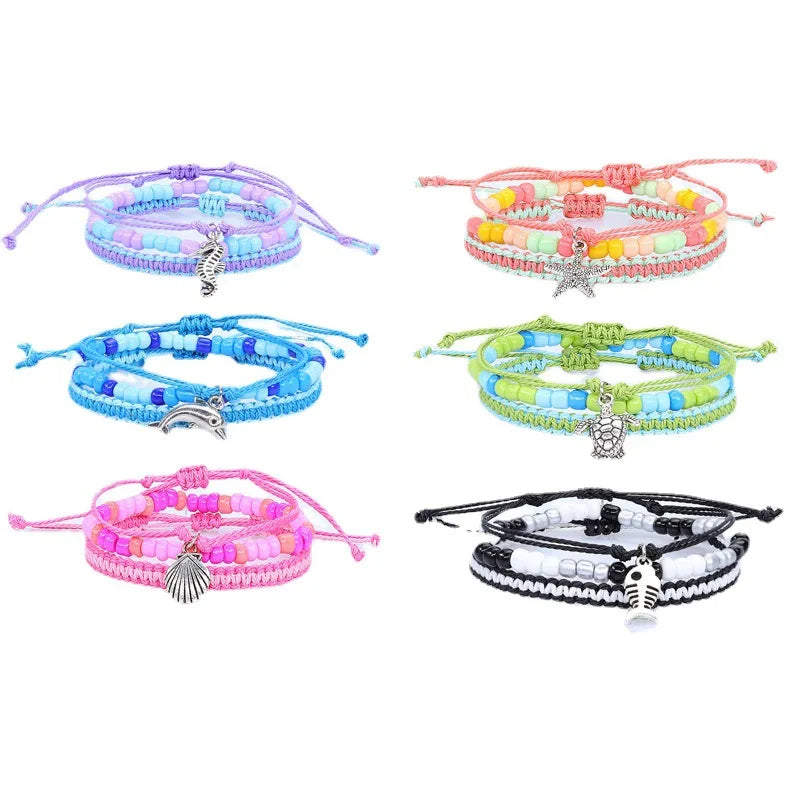 Handmade Wax Woven Fashion Trendy Handmade Wax Cord Sea Elements Pendants Turtle Beach Bracelet Jewelry Bracelets
