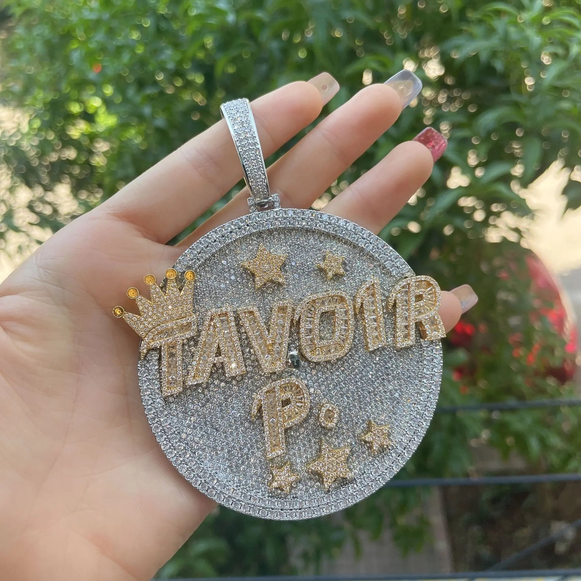Large Disc Inlaid Alphabet Zircon Star Gold Plated Hip Hop Necklace for Men