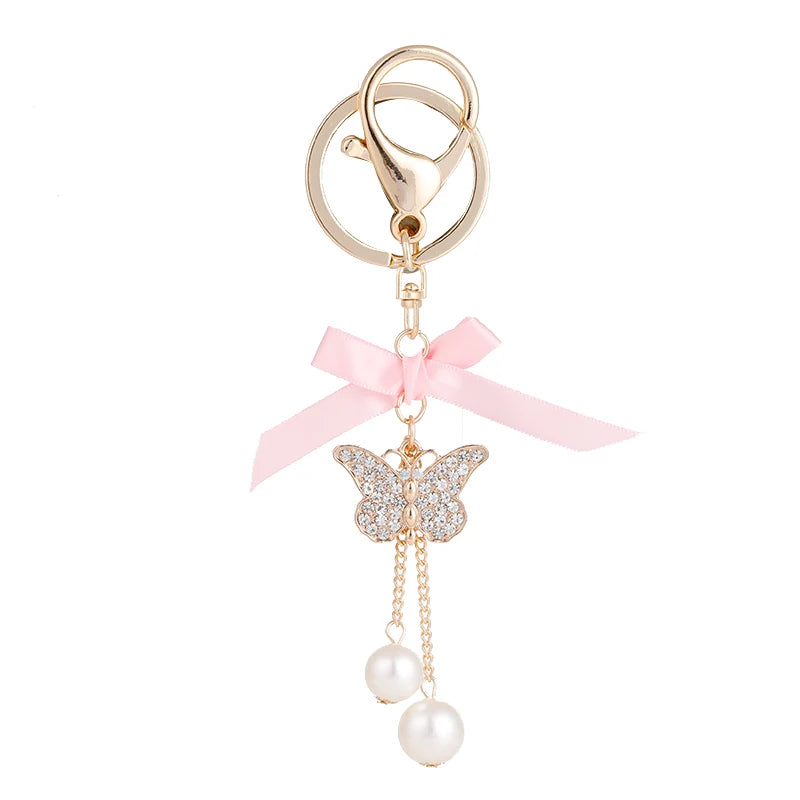 Delicate Handmade Pearl Butterfly Car Key Chain Bling Rhinestone Butterfly Tassel Keychain Bag Accessory
