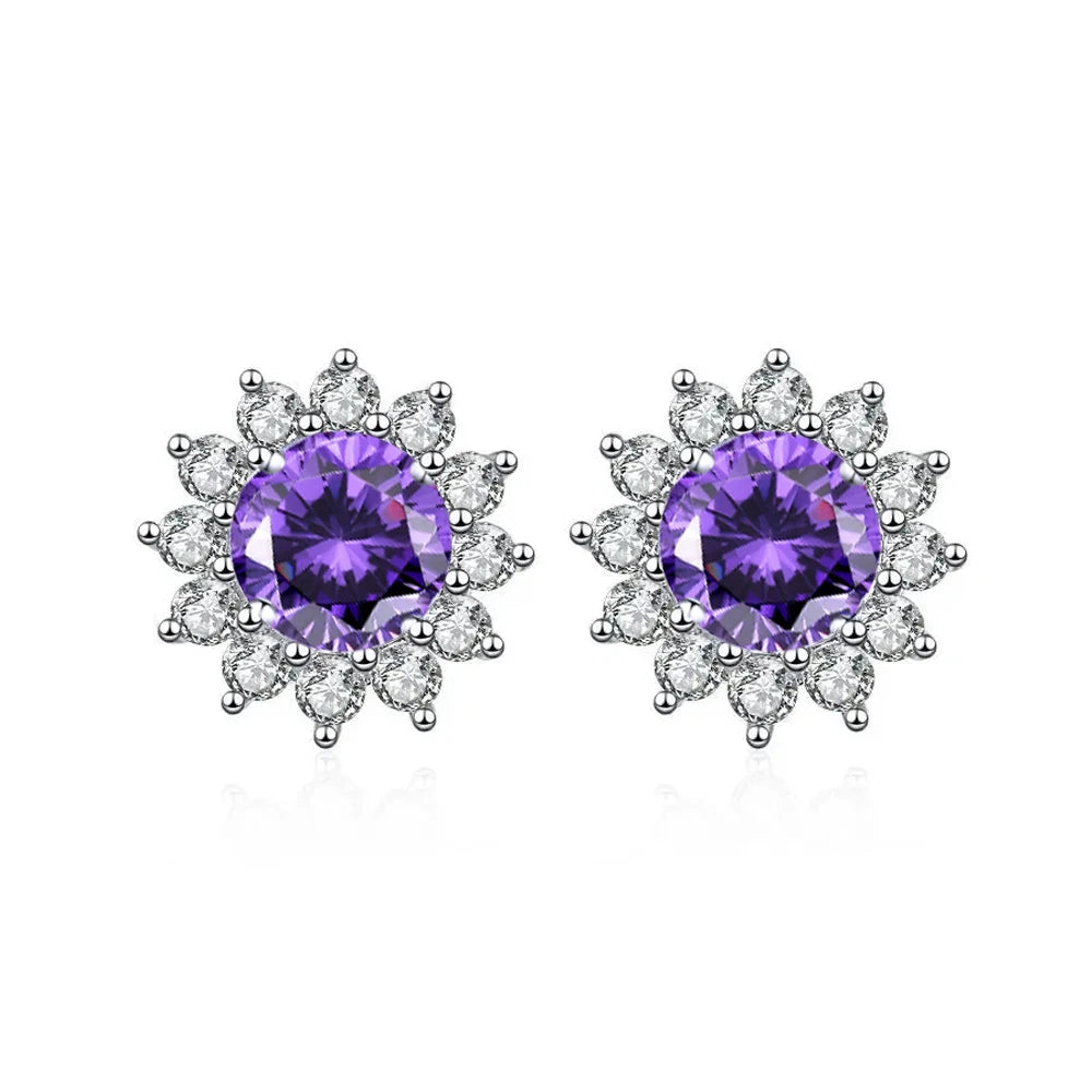Fashion 925 Sterling Silver Round Cut Zircon CZ Jewelry Girls Flower Snowflake Shape Purple Stud Earrings for Women Dating Gift