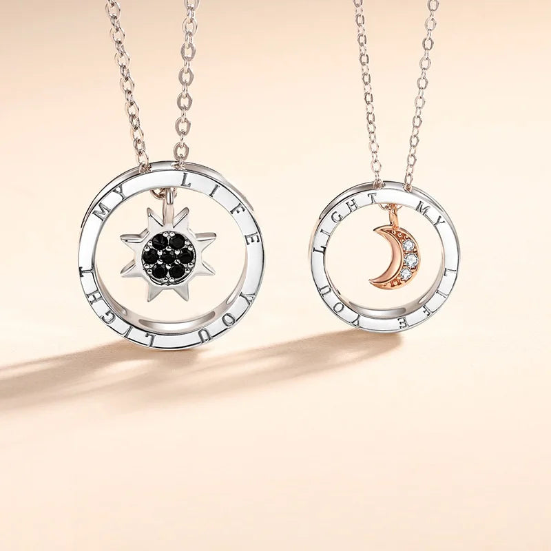 Silver Love Couple Romantic Necklace Sun and Moon Diamond Circle Pendent Necklace for Lover Men Women