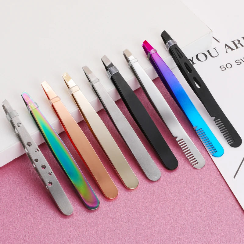 Customized Color Volume Anti-Magnetic Durable Slant Eyebrow Tweezers Set for False Eyelash Extension Stainless Steel Private