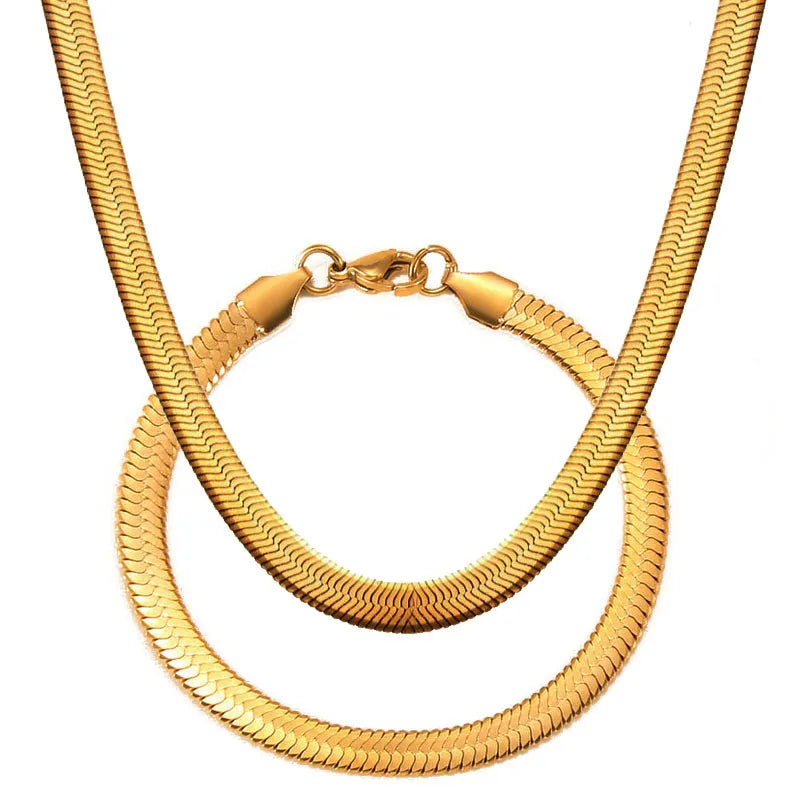 316L Stainless Steel Herringbone Chain Bracelets Real 18k Gold Plated Herringbone Flat Snake Necklace Waterproof Jewelry Gifts