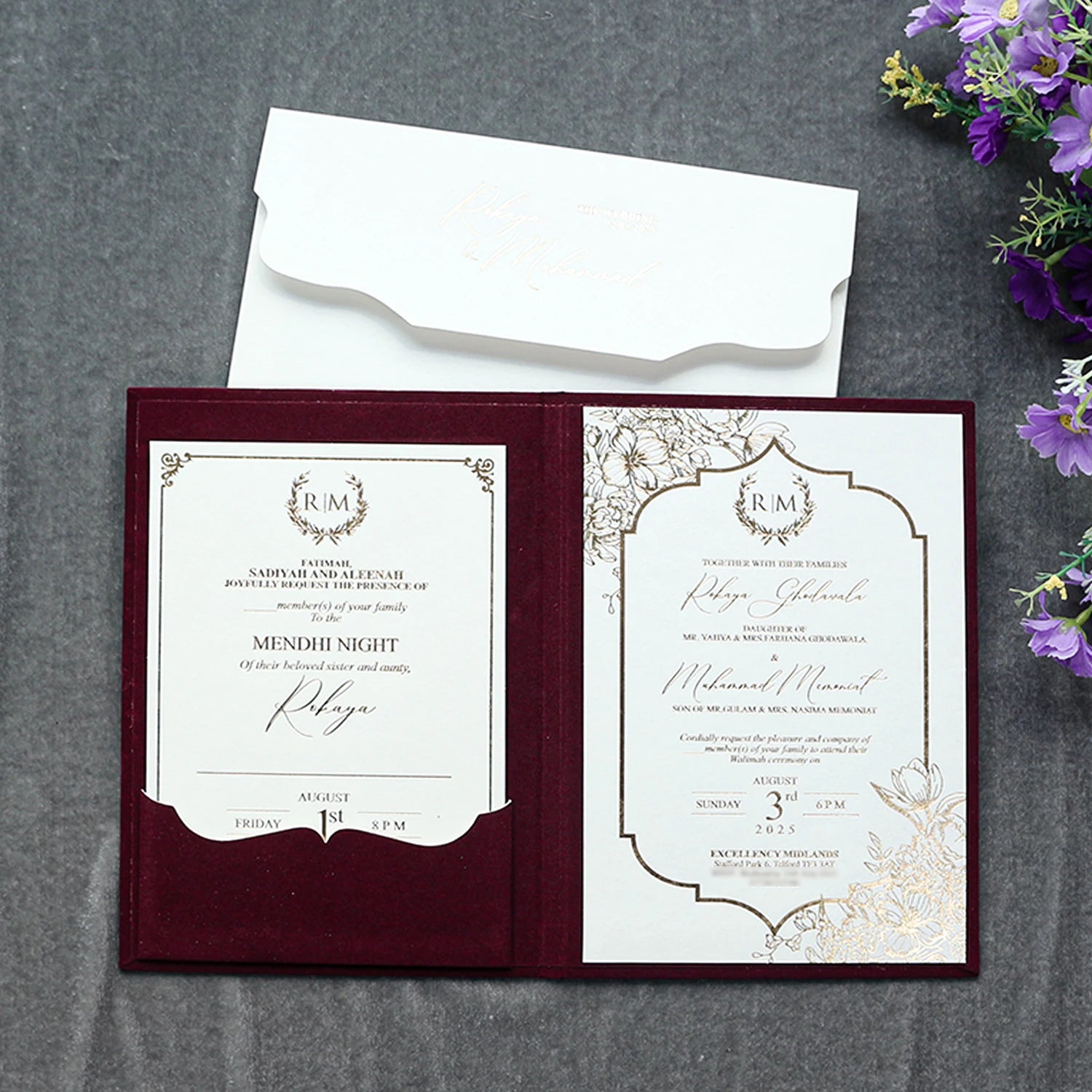 Exquisite Deluxe Burgundy Velvet Hardcover Wedding Invitation with Custom Cotton Paper Cards and 3D Envelope for Event Invites