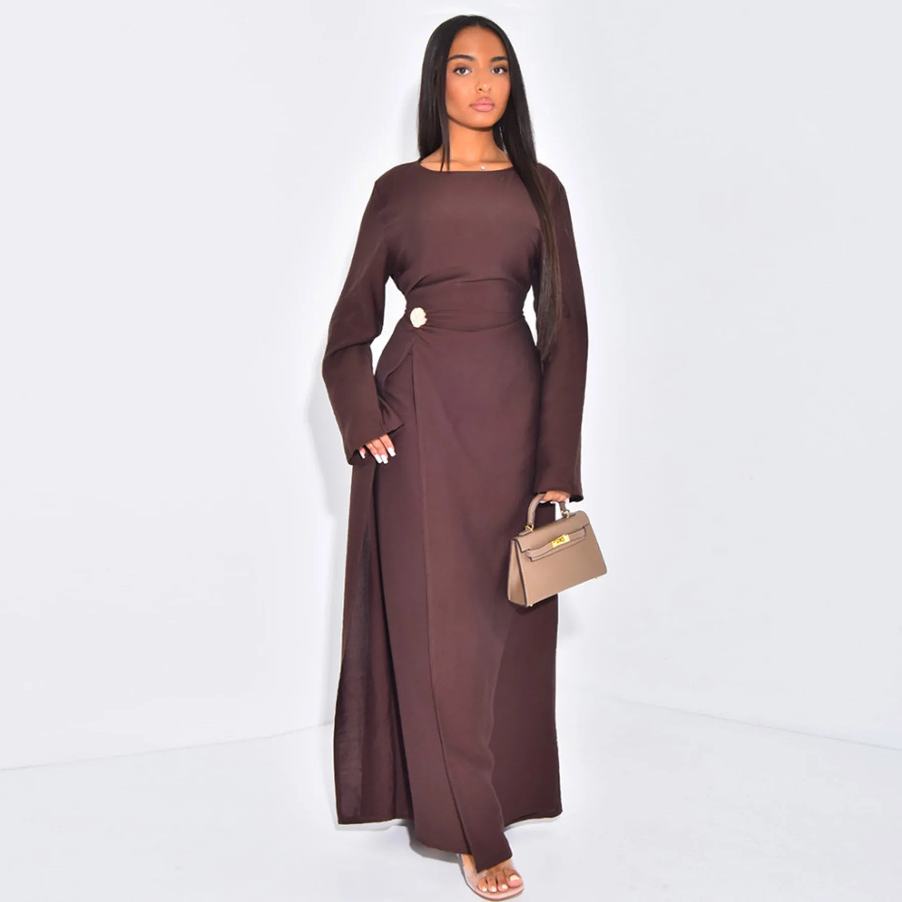 Breathable Islamic Clothing with Gold Brooch Soft Women Muslim Dress