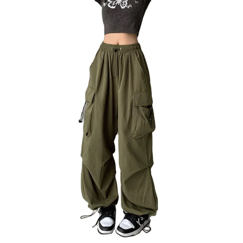 Design Sense Summer High Street Straight Wide Leg Side Stripe Large Pockets Cargo Pants Trendy Women's