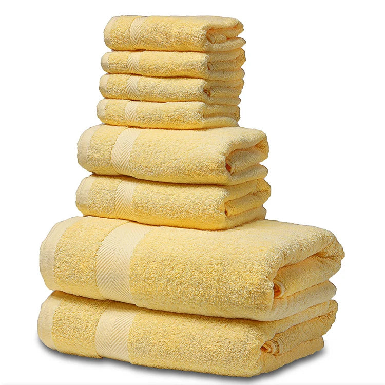 Hot Selling 100% Cotton Bath Towel Set Hotel Quality 8-Piece Plaid Woven Quick-Dry Highly-absorbent Blue Towels