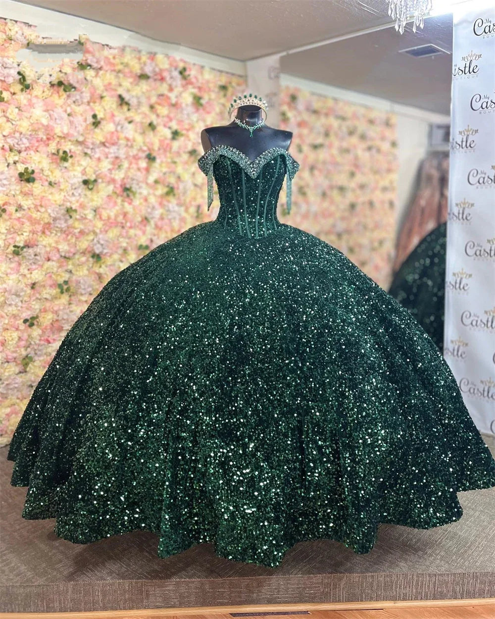 Dark Green Sequin Quinceanera Dresses Ball Gown 2026 Beaded Off the Shoulder Sweet 16 Dress Wedding Gowns Vestidos MQ469