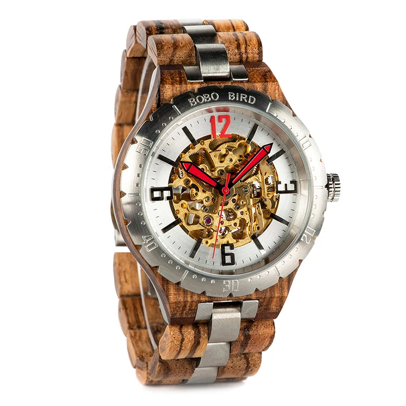 BOBO BIRD Luxury Men's Watches Quickshipping Automatic Mechanical Skeleton Sport Wristwatches Pointer Simulation Bamboo Wood