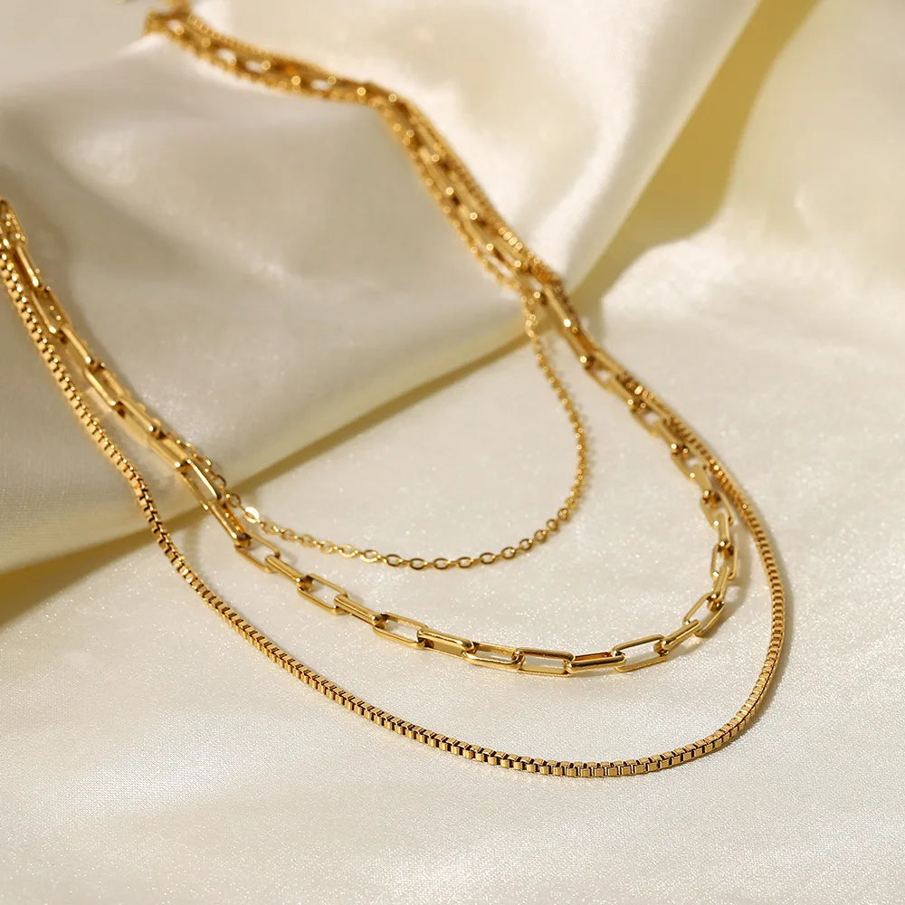 Vintage Vacuum Plated Paperclip Box Chain Layered Necklace Stainless Steel Triple Layer Necklace