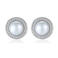 Vintage 925 Sterling Silver Round Shape Freshwater Pearl Stud Earrings Exquisite Fine Jewelry with Elegant Ear Design