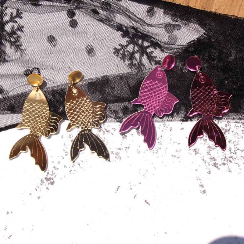 Creative Geometric Animal Accessories Koi Gold Purple Mirror Acrylic Pendant Earrings