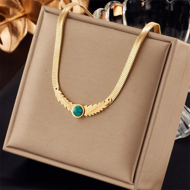Simple Snake Chain Non Tarnish 316 Stainless Steel Feather Turquoise Stone Gold Plated Women Necklace