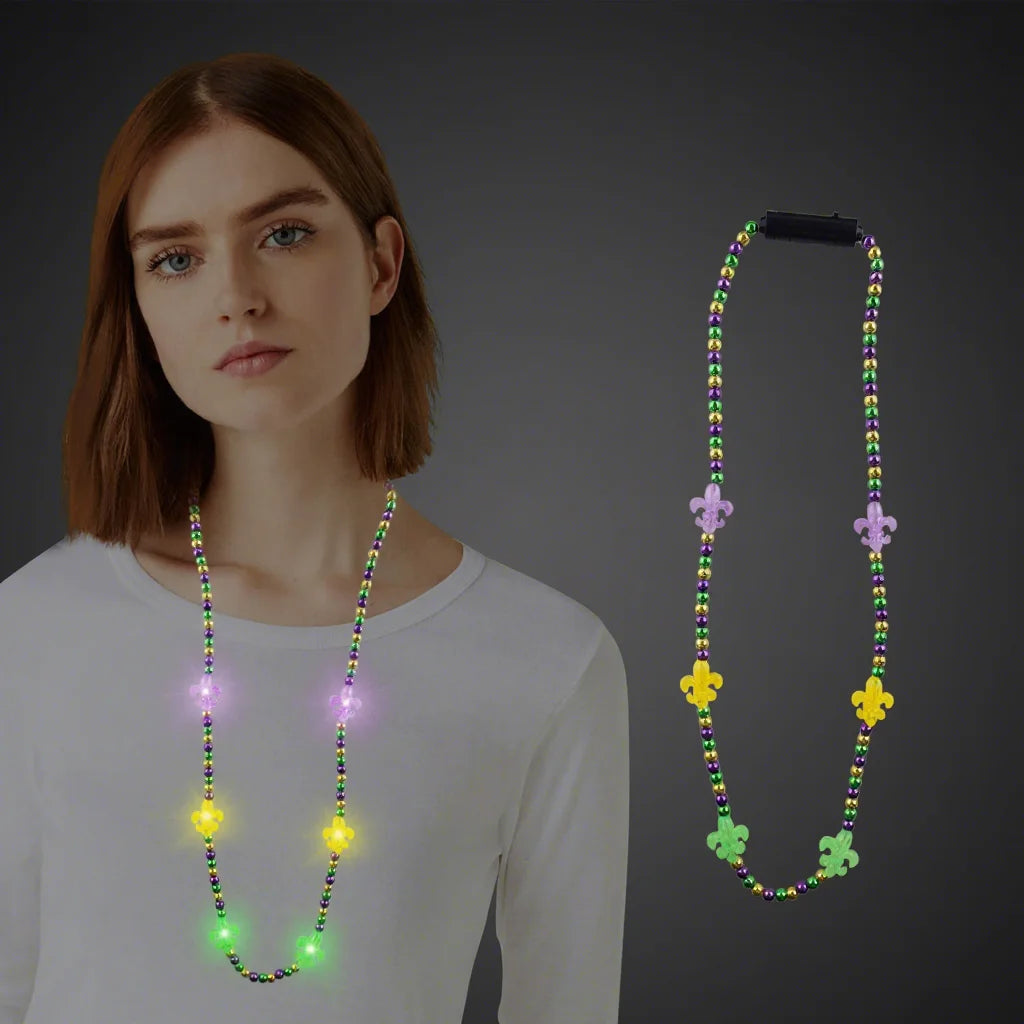 Classic Mardi Gras Beaded with Purple Green Gold Necklace and 6 LEDs Light for Christmas New Year Wedding Decoration & Supplies