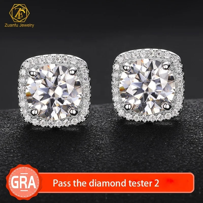 Dropshipping Square Shape 6.5mm 8mm Real Moissanite Earring Screw Back 1CT 2CT 925 Silver Ice Out Stud Earring for Women