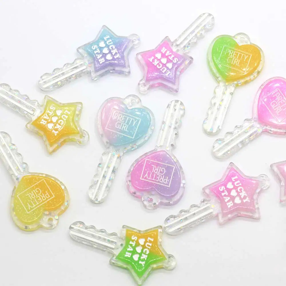 100pcs Bling Letters Glitter Key Flatback Mini Heart Lucky Star Keys Charms Pendants Pretty Girl Hair Bows Center Jewelry DIY