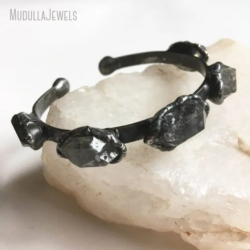BM49902 Soldered Jewelry Raw Herkimer Diamond Crystal Free Form Cuff Bangle Antique Silver Plated Adjustable Bracelet Gift