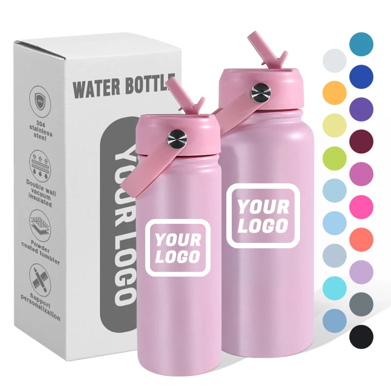 Customized Sport Water Bottle 18oz 32oz Stainless Steel Insulated Vacuum Camping Water Bottle with Handle Lid