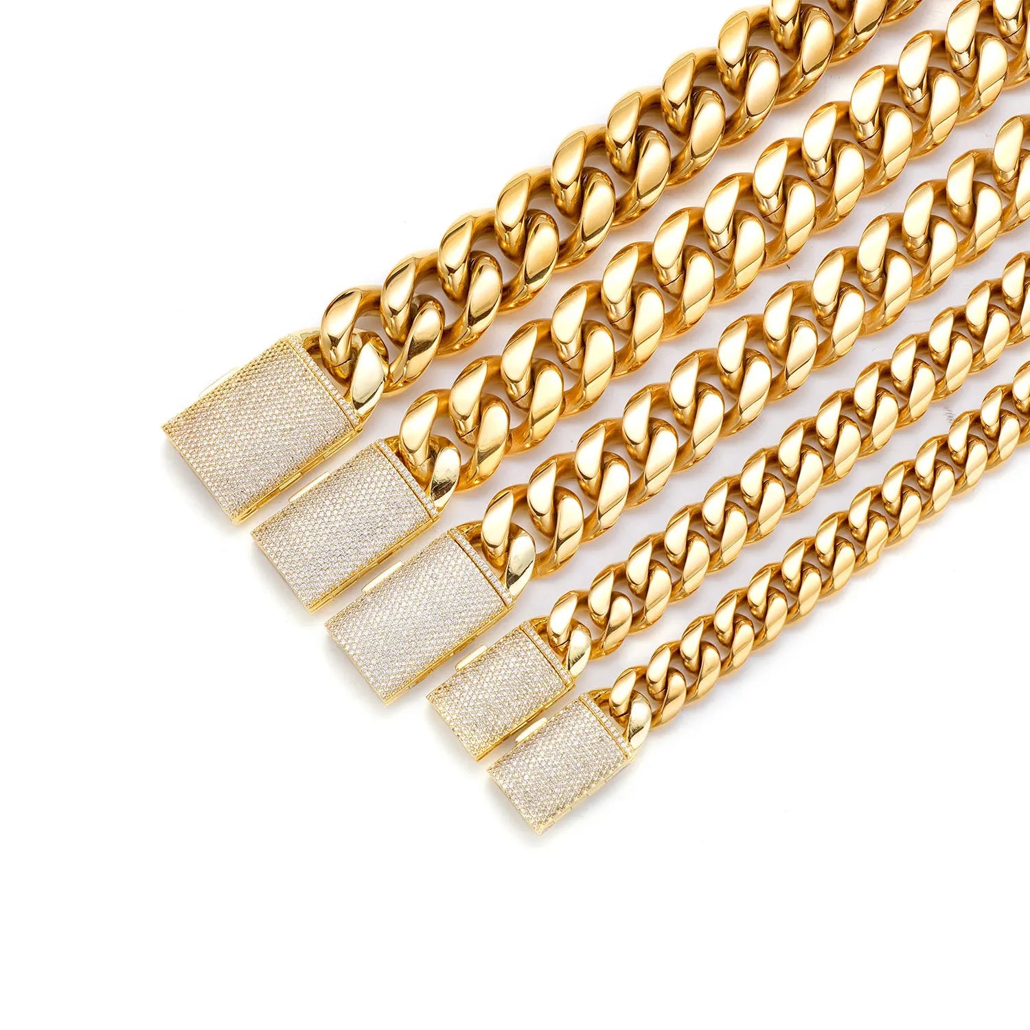 Hot Sale Thick Chunky Heavy Stainless Steel 18k Pvd Gold Plated Box Buckle Cuban Link Chain Necklace for Men Fine Jewelry