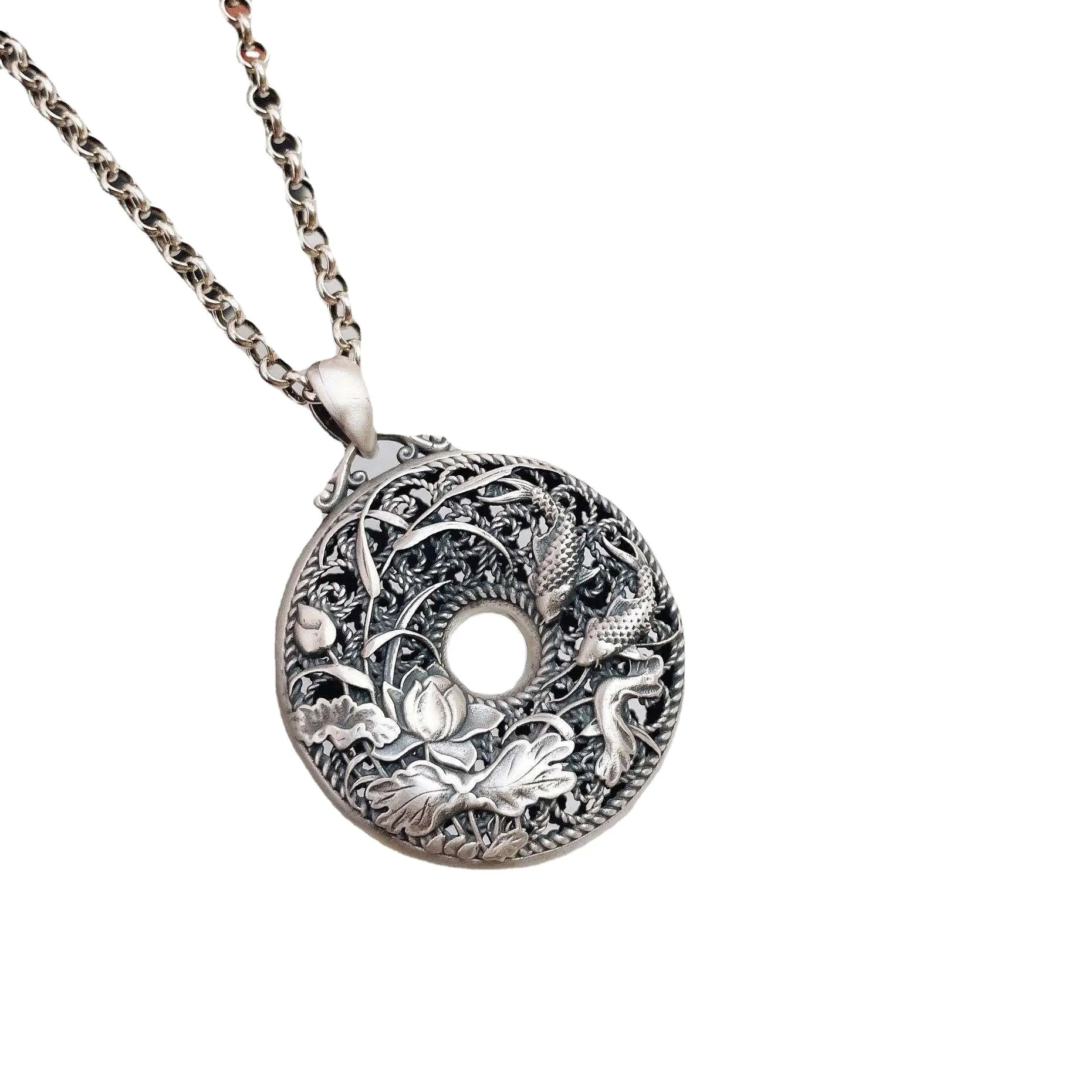 Certified S999 Vintage Ethnic Style Pendant Fancy Carp Lotus National Fashion Women's Annual More Than Peace