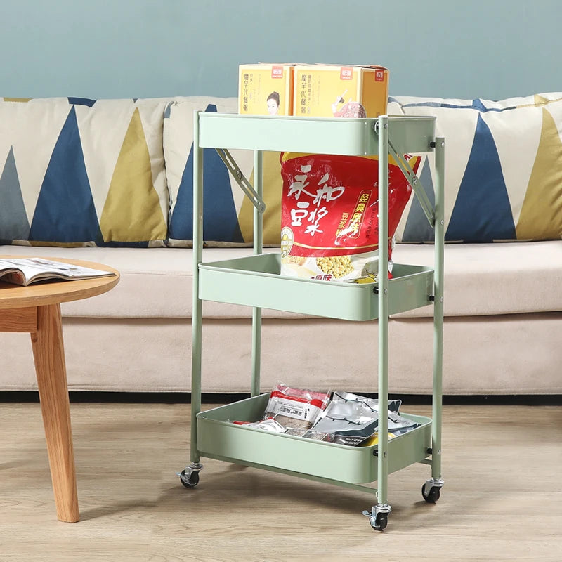 Three-layer Metal Shelving for Home Kitchen Bathroom Debris Storage Portable Foldable Trolley