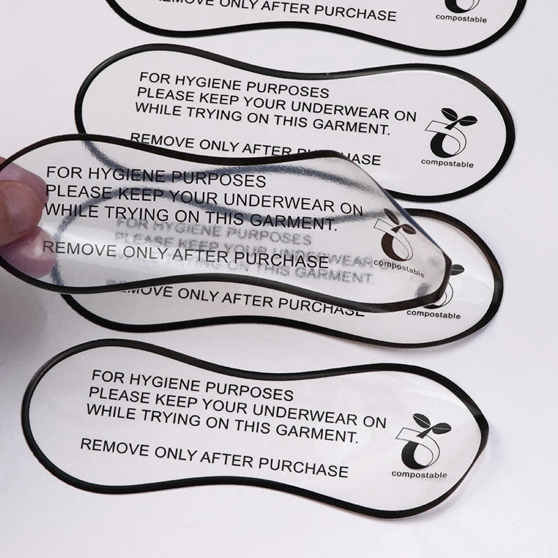 Custom Eco Friendly Biodegradable Self Adhesive Logo Sticker for Clothing Waterproof Vinyl Hygienic Underwear Bikini Exhibition
