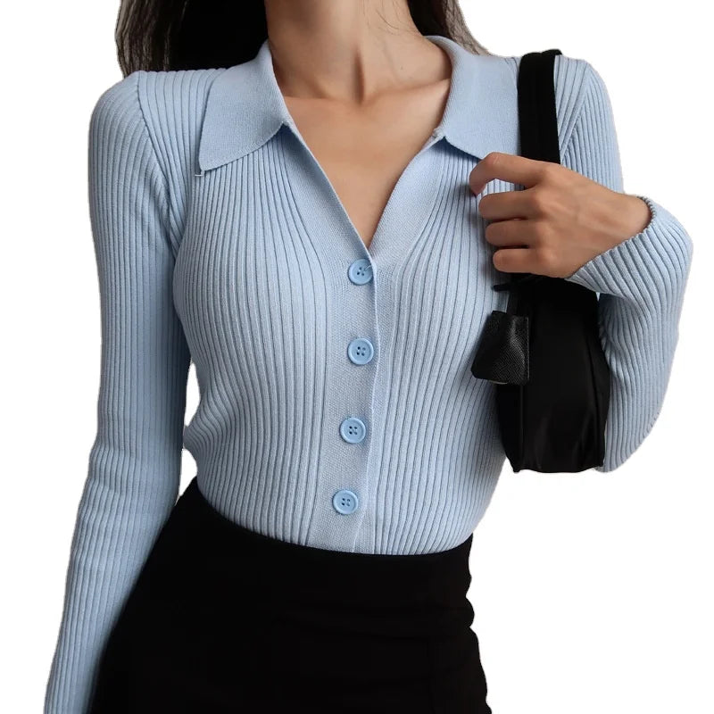 Custom Women Knitted Sweater Manufacturer Autumn Knit Polo Shirt Cardigan for Women Long Sleeve Knit Sweater