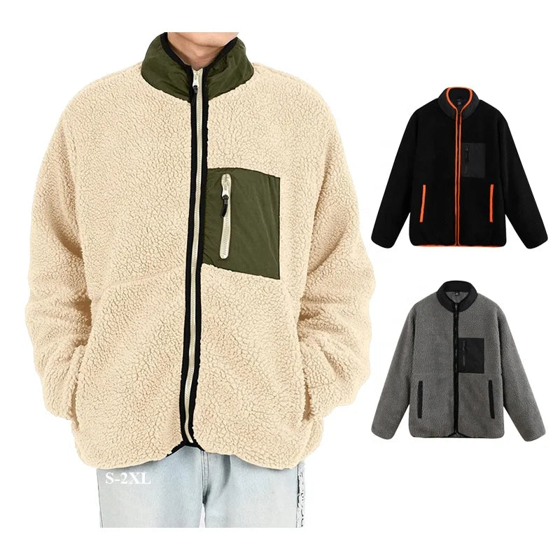 Men's Sherpa Fleece Motorcycle Jacket Long Sleeve Contrast Color Turn-down Collar Loose Fit Windproof Breathable Quick Dry
