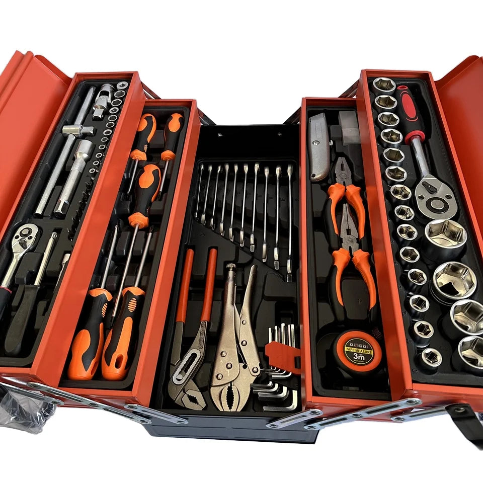 85pcs Portable Folding Toolbox Set Auto Repair Household Car Storage Multi-functional Multi-layer Tin Box Wrench Ratchet Group