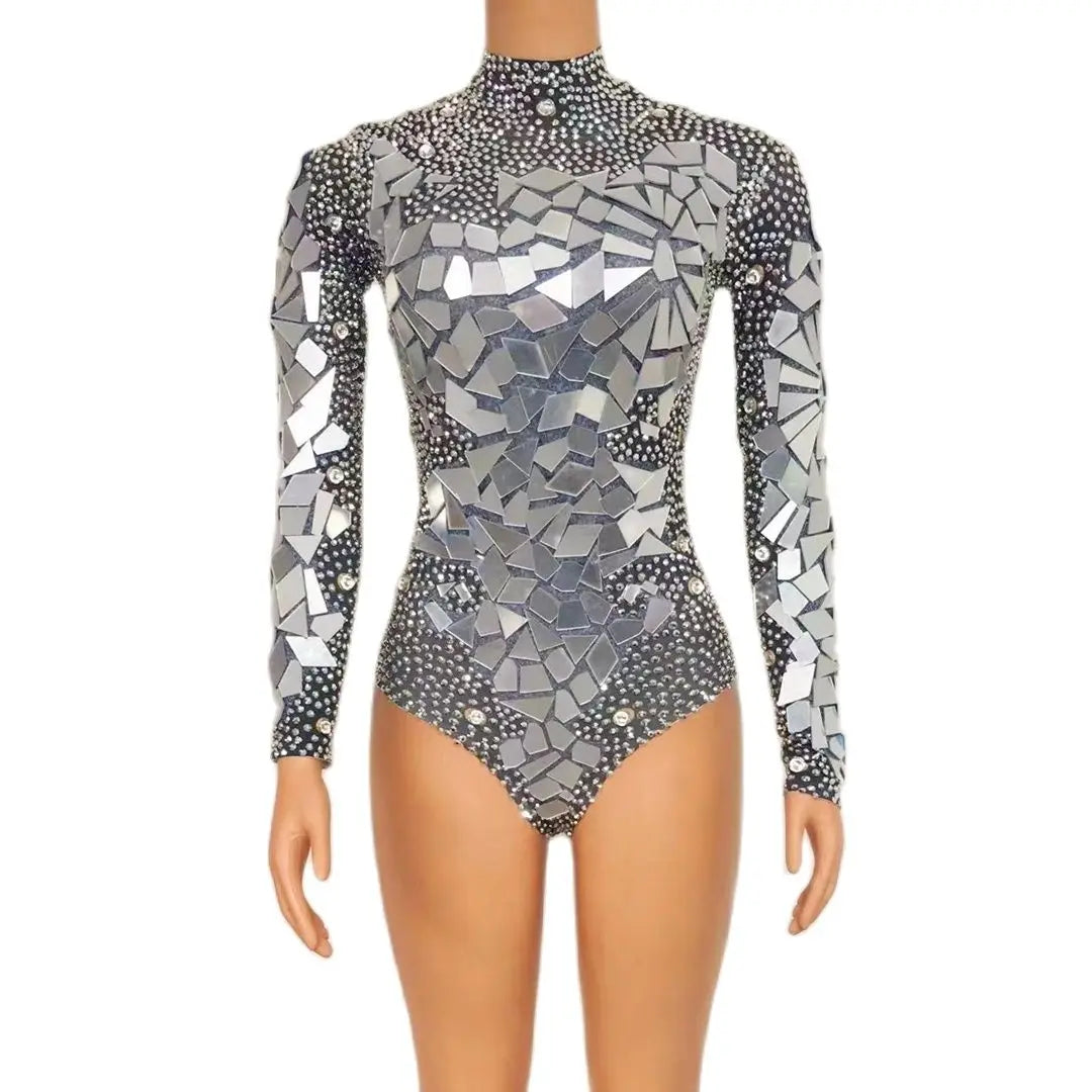 Sparkly Rhinestone Sequined Women One Piece Jumpsuits Pole Dance Clothing Exotic Dancewear Stripper Outfit Club Bodycon Bodysuit