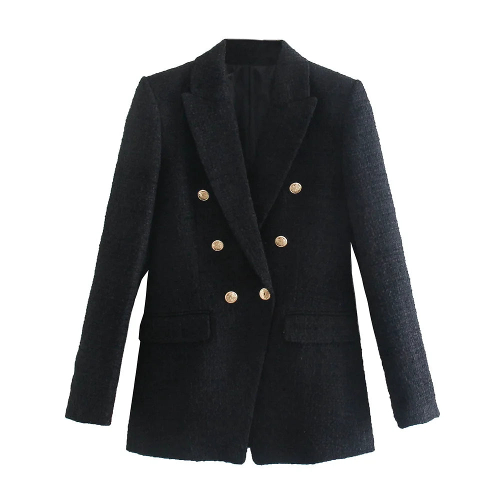 Blazer Women 2025 Fashion Metal Double Breasted Woollen Blazers Coat Vintage Long Sleeve Female Outerwear Chic Tops