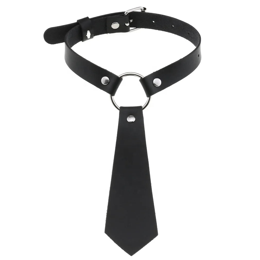 New Style Personalized Fashion Chain Necklace PU Leather Collar Tie Ring Collar Punk Bow Tie