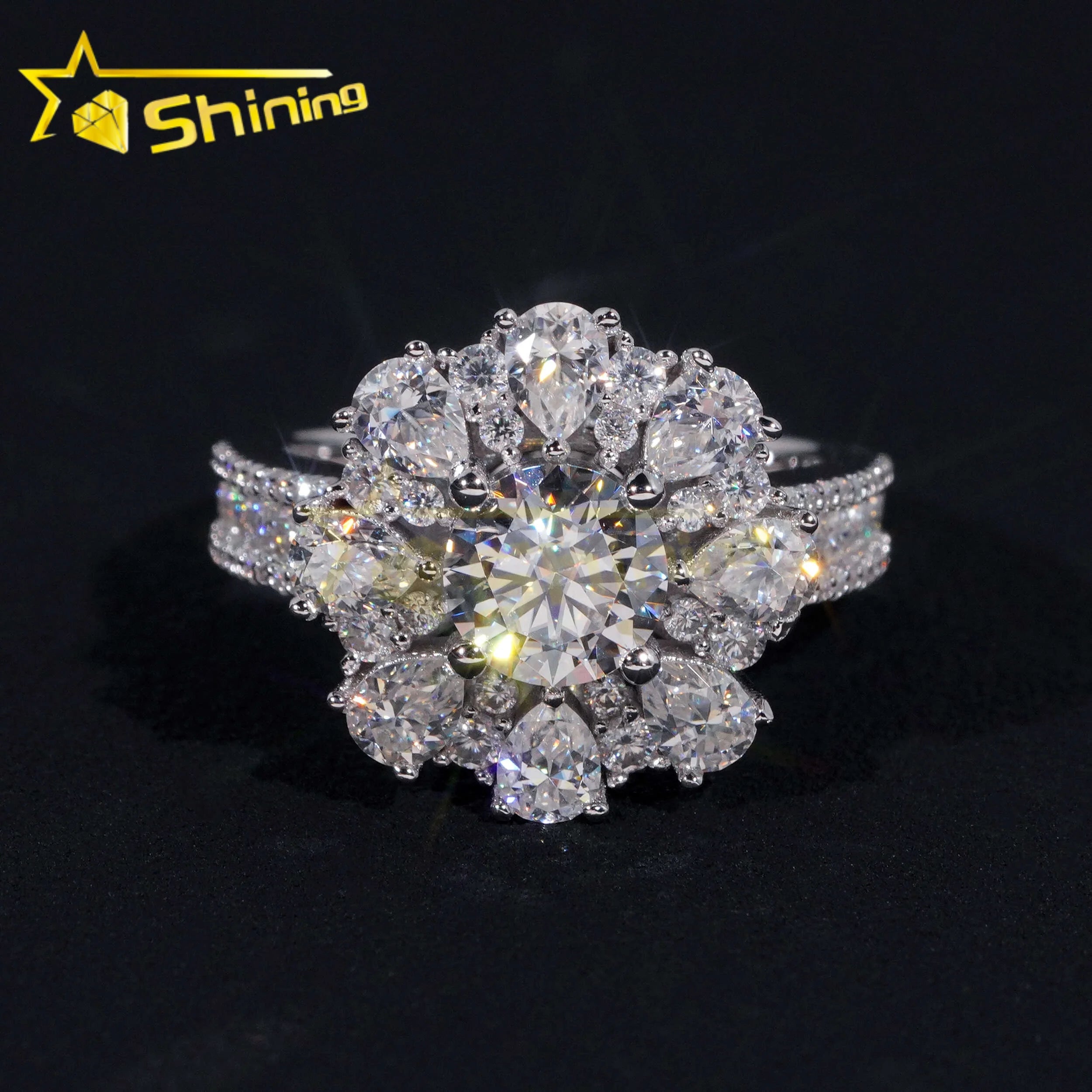 Luxury Fancy Cut Moissanite Iced Out Flower Design Men's Ring 925 Silver Gold Plated Hip Hop Fine Jewelry Men Ring