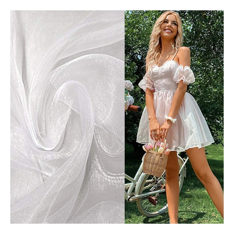 Hot Sale Organza Fabric White Princess Dress Fashion Custom Pattern Polyester Organza Fabric for Making Dress