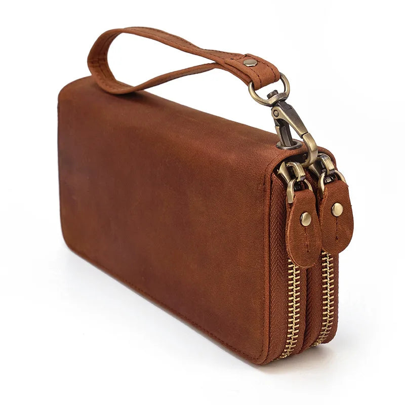 Mens Genuine Leather Luxury Mobile Phone Wallet Business Clutch Wallet Double Zipper Long Wallets