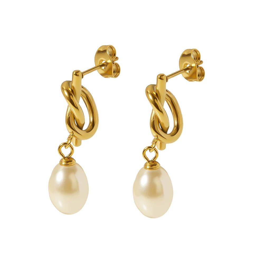 New Arrival Stainless Steel 18K Gold Plated Classic Knotted Baroque Shell Pearls Drop Stud Earrings for Ladies