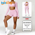 Ehanking Yoga Suit Women's Long Sleeve Crop Tops High Waist Butt Lifting Tight Shorts Running Fitness Sets