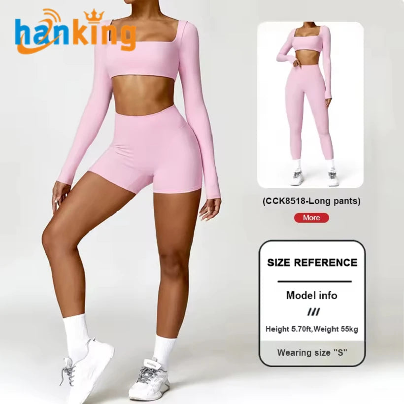 Ehanking Yoga Suit Women's Long Sleeve Crop Tops High Waist Butt Lifting Tight Shorts Running Fitness Sets