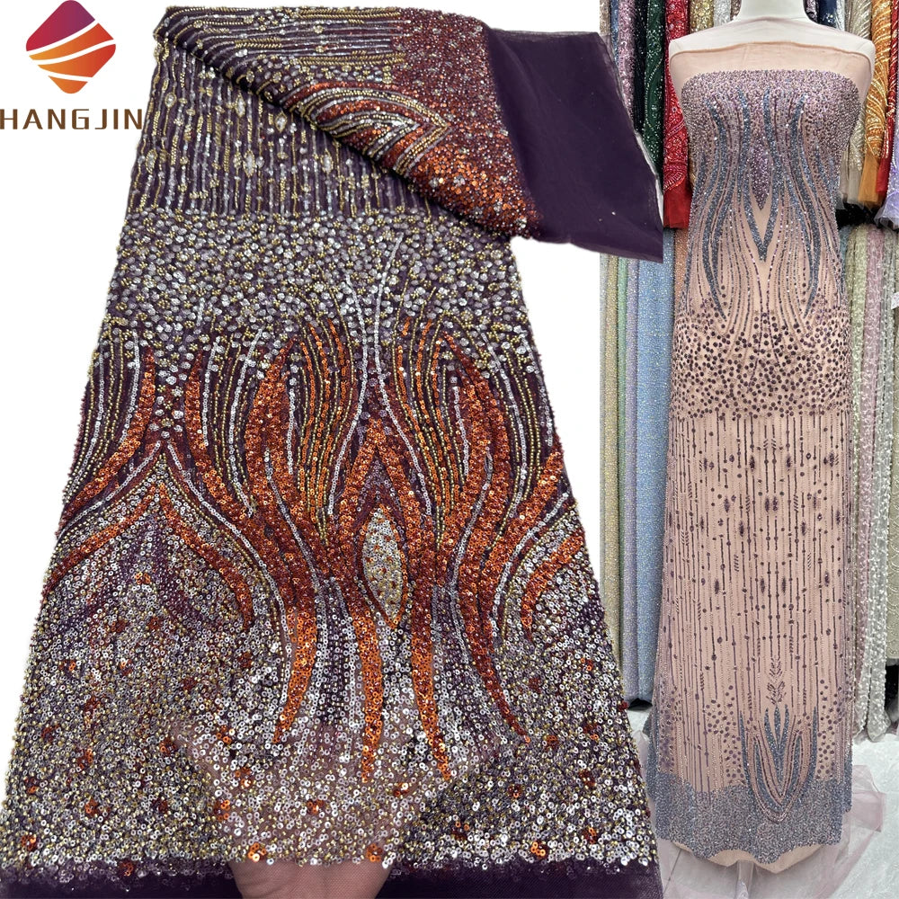 Bridal Fabric Luxury Embroidery Beads Sequins Tulle Net Lace Mesh Fabric Nigerian Sequence Lace Fabric for Party Dresses