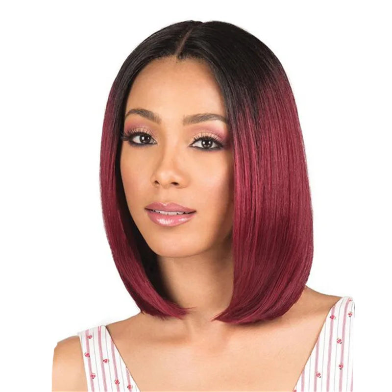 Mengtong European and American Dyed Midsection Wig Short Straight Hair Black Gradient Wine-red Wig Hair Set OPP Bag Cosplay 1pcs