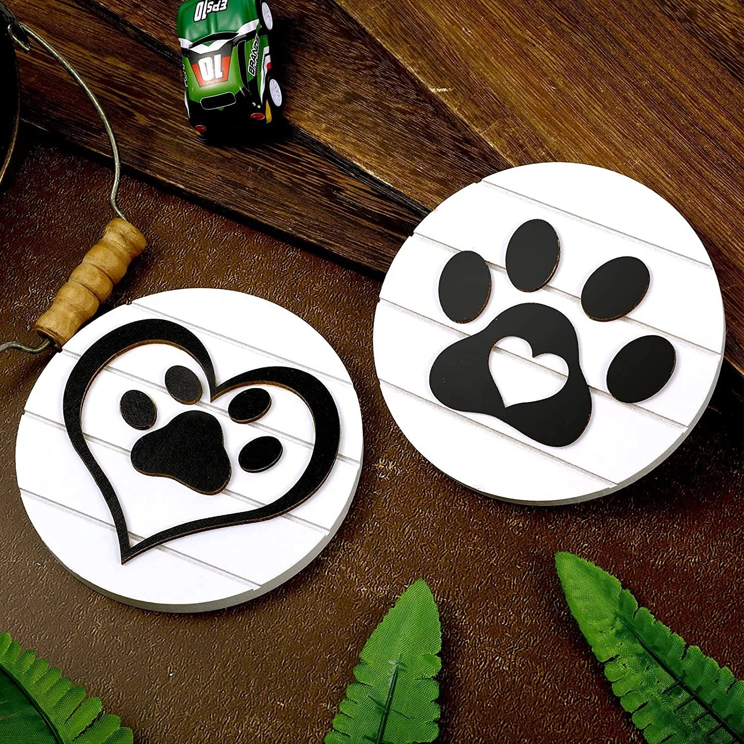 Handmade Set of 2 Pet Print Dog Paw Wood Decor Farmhouse Tiered Tray Decorations Wooden Dog Paw Sign