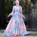 2024 Ladies Fashion Casual Floral Printing Maxi Dress Luxury Satin Long Dress for Women