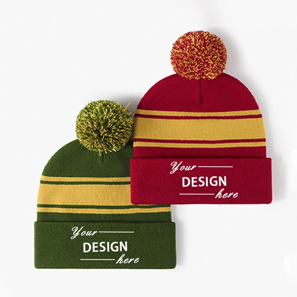 Ready to Ship Custom Logo 3D Embroidered Team Sport Acrylic Cuff Striped Pom Pom Beanie for Beach and Travel