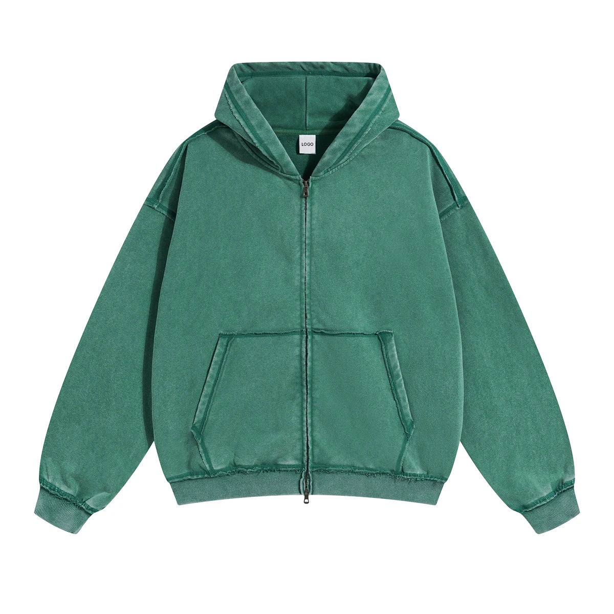 OEM Sun Faded Double Zipper Heavy Sweatshirt Custom Unisex Men Boxy Crop Vintage Zip up Heavyweight Distressed Acid Wash Hoodie