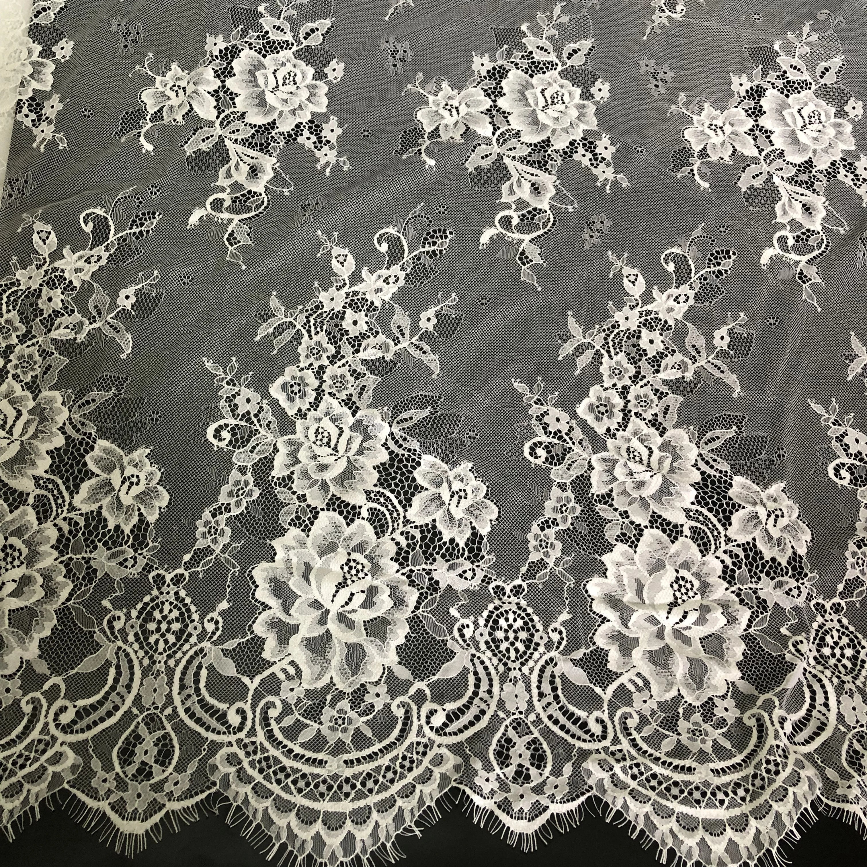 Classic Floral Embroidery Eyelash French Lace Fabric Chantilly Laces White for Dresses LT21806