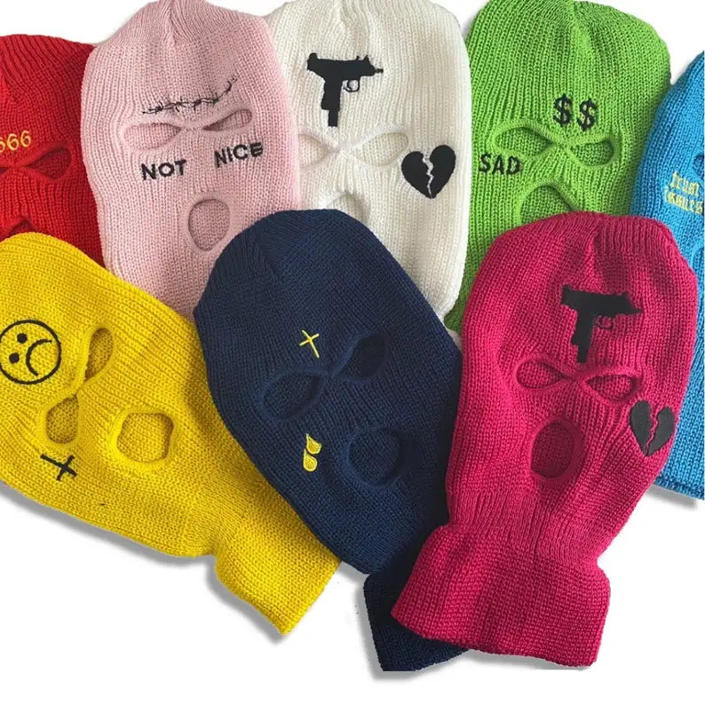 Embroidered 3 Hole Ski Mask Knitted Balaclava Snood Wooly Hat Winter Face Covering Full Mask Streetwear Snowboard Beanie