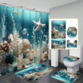 4pcs Coral Starfish Pattern Bathroom Set Waterproof Fabric Shower Curtain With 12 Hooks Toilet Lid Cover