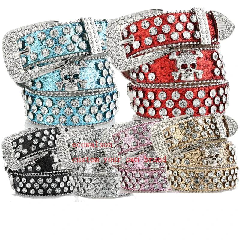 Ecowalson Skull Rivet Rhinestone Bb Belts Trendy Solid Color Sparkling PU Leather Belt Cowboy Cowgirl Jeans Pants Belt for Women